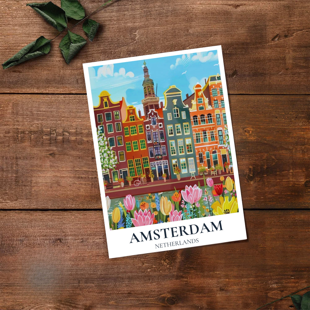 Amsterdam spring canal poster capturing historic gabled houses and lush tulip blooms under a light blue sky, offered by MapYourDreams as an unframed matte paper poster, a durable gallery wrapped canvas, or a selection of custom frames for living room and entryway wall styling.