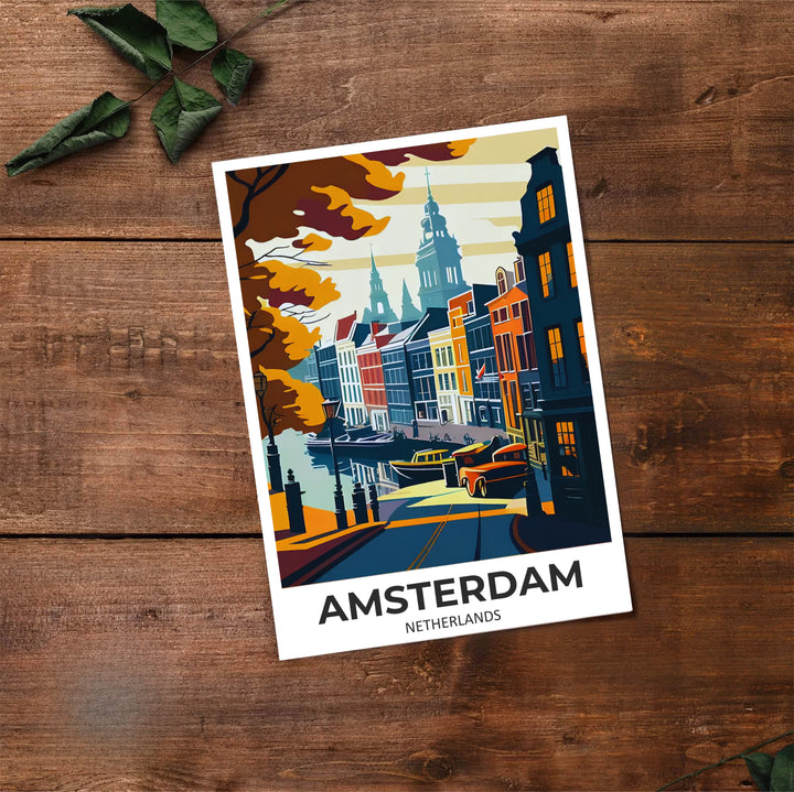 Rich vintage travel print of historic Amsterdam canal houses paired with autumn foliage and classic streetlamps, available at MapYourDreams where you can select from unframed paper prints, gallery canvas, or custom framed wall art options for mid-century interior spaces.