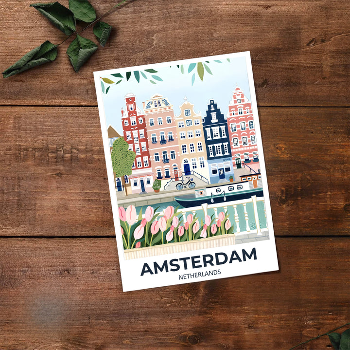 Rich pastel gouache travel print of historic Amsterdam canal houses paired with soft tulip borders and a peaceful house boat, available at MapYourDreams where you can select from unframed paper prints, gallery canvas, or custom framed wall art options for botanical interior spaces.
