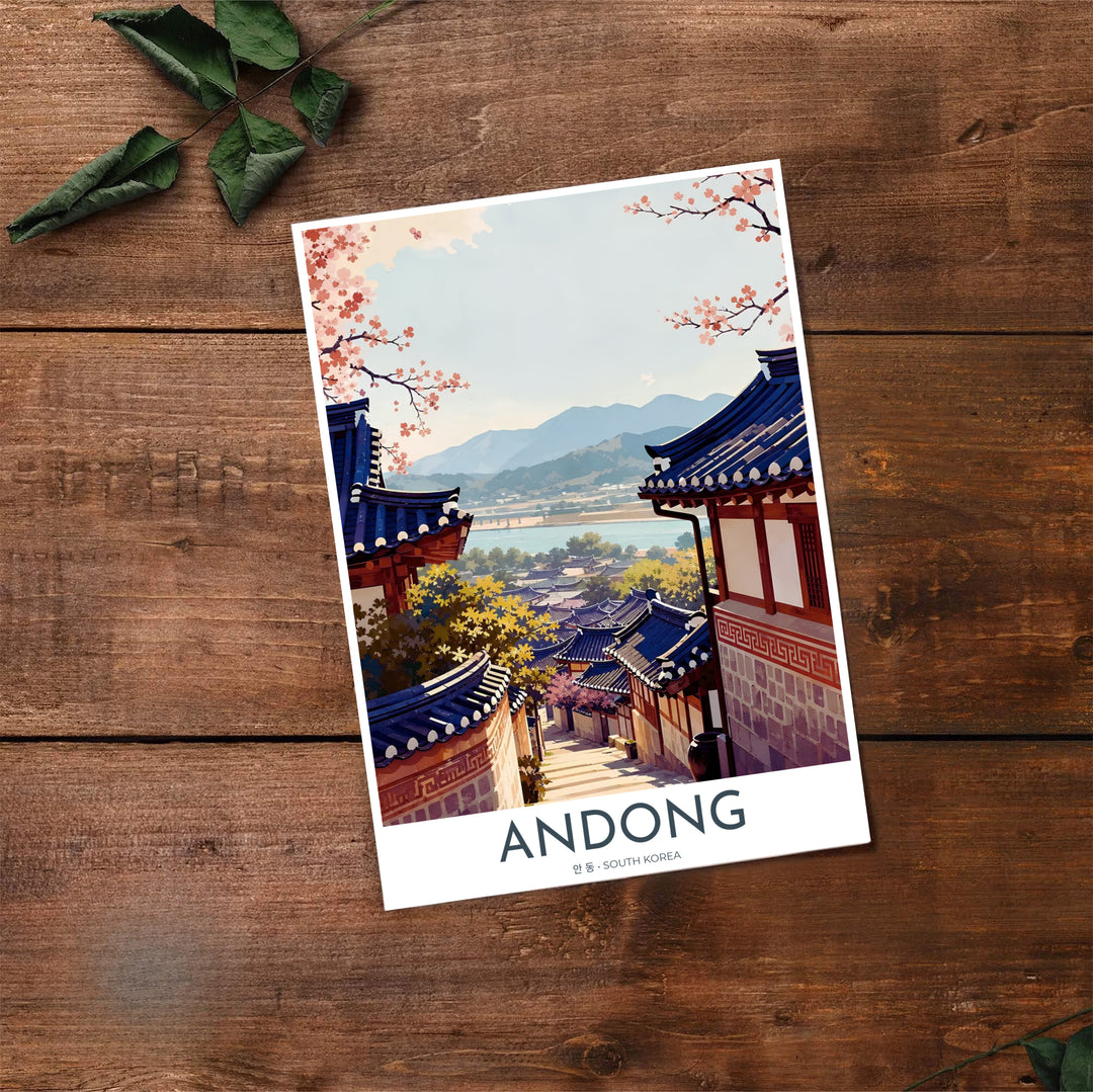 Graphic vector landscape artwork of Andong, South Korea, featuring navy blue tiled roofs, warm timber walls, and a picturesque view of Hahoe Folk Village. Offered by MapYourDreams, this artwork is available in flexible options including unframed paper, custom wooden frames, and gallery canvas wraps.