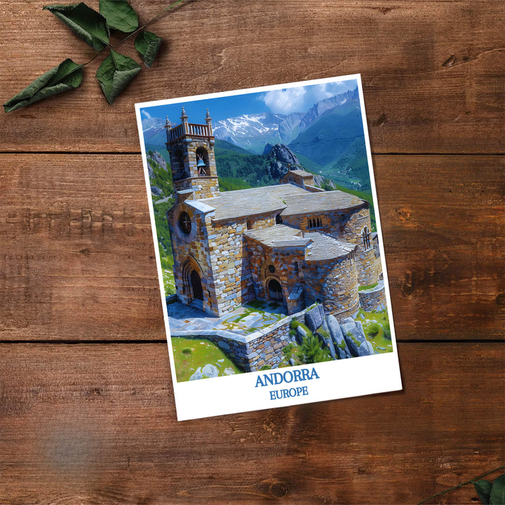 Alpine valley scenery and clean European travel typography highlight this Sant Joan de Caselles Church Andorra print. Select high-grade framed, unframed, and canvas options at MapYourDreams to enhance entryway decor.