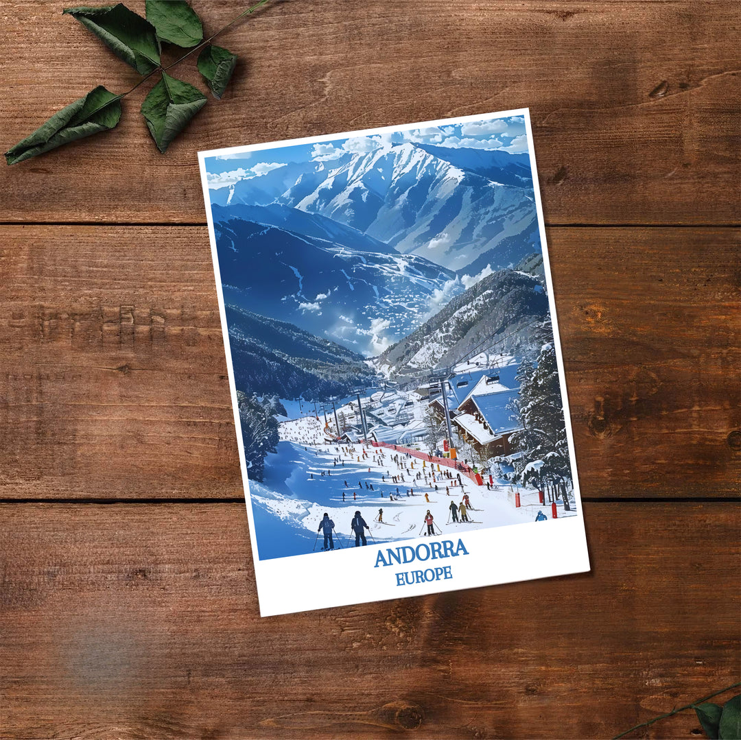 European winter landscape scenery and clean travel typography highlight this Vallnord Ski Resort Andorra print. Select premium framed, unframed, and canvas options at MapYourDreams to enhance decor.