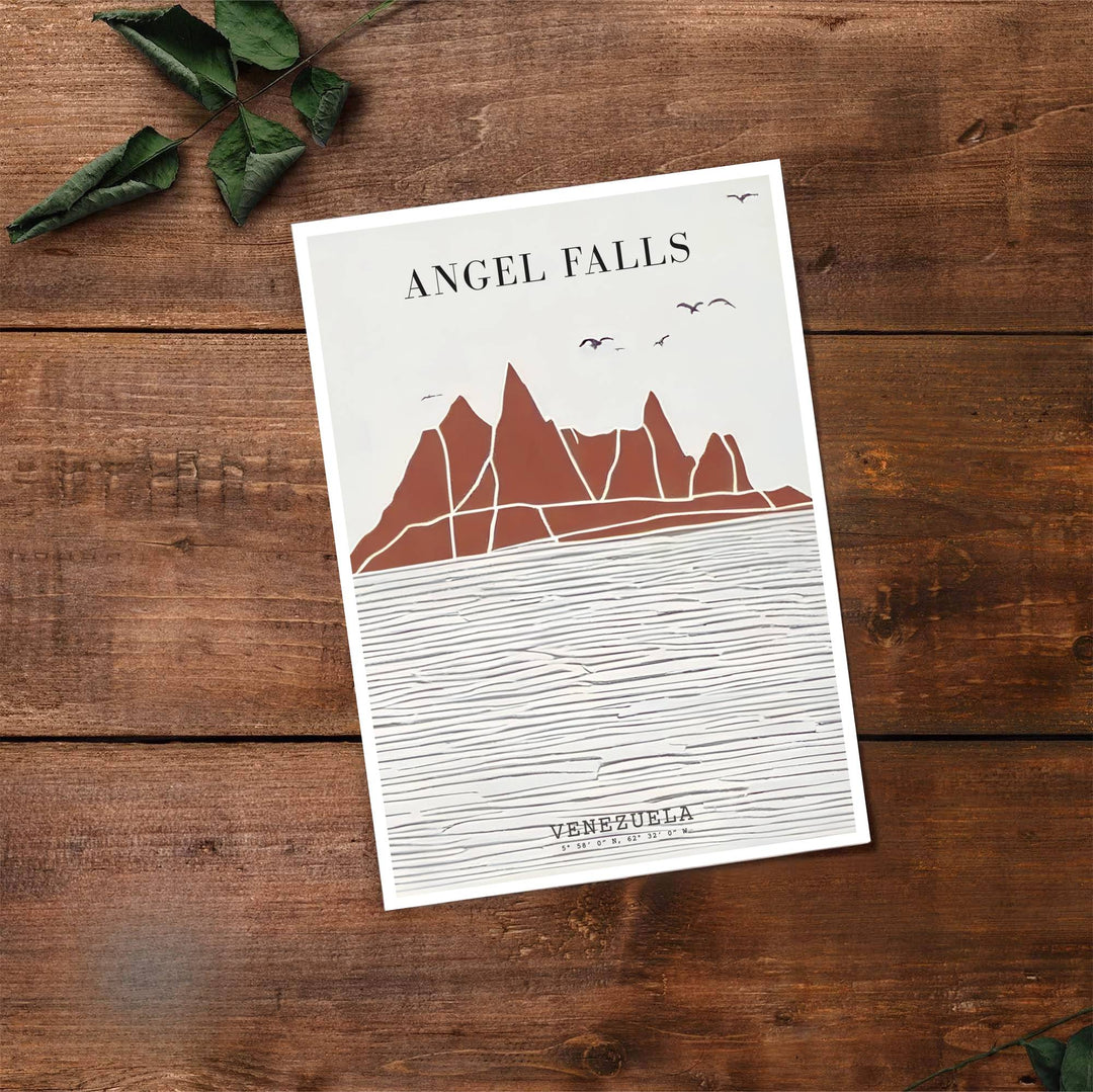 Artistic minimalist landscape illustration capturing the warm off-white, rust red, and charcoal tones of Angel Falls. Made by MapYourDreams, this artistic composition can be purchased as an unframed print, elegantly mounted in wood frames, or produced on stretched canvas.