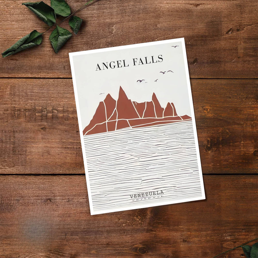 Artistic minimalist landscape illustration capturing the warm off-white, rust red, and charcoal tones of Angel Falls. Made by MapYourDreams, this artistic composition can be purchased as an unframed print, elegantly mounted in wood frames, or produced on stretched canvas.