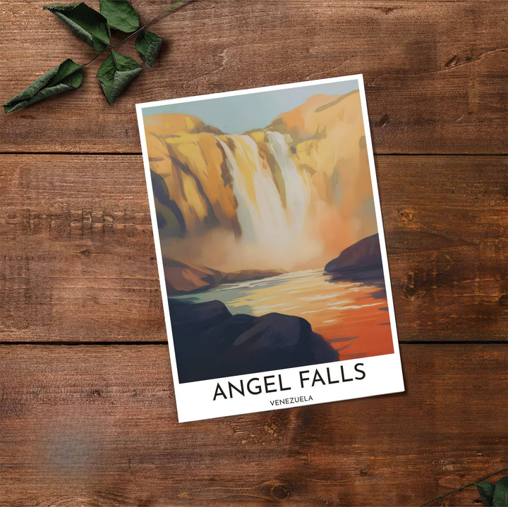 Artistic waterfall illustration capturing the golden ochre, glowing amber, and dark plum shadow tones of Angel Falls. Made by MapYourDreams, this artistic composition can be purchased as an unframed print, elegantly mounted in wood frames, or produced on stretched canvas.