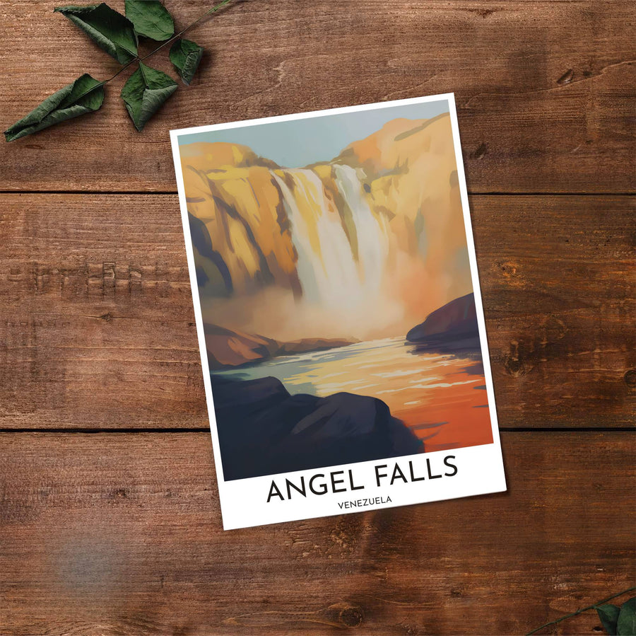 Artistic waterfall illustration capturing the golden ochre, glowing amber, and dark plum shadow tones of Angel Falls. Made by MapYourDreams, this artistic composition can be purchased as an unframed print, elegantly mounted in wood frames, or produced on stretched canvas.