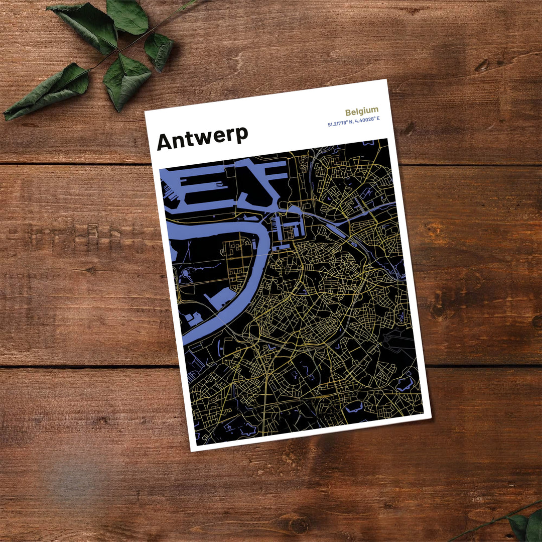 Sleek dark-mode map wall art showcasing Antwerp, Belgium, rendered with golden road lines and lavender-blue water features for a modern interior look. Options for display include unframed fine art paper, custom framed posters, and ready-to-hang stretched canvas.