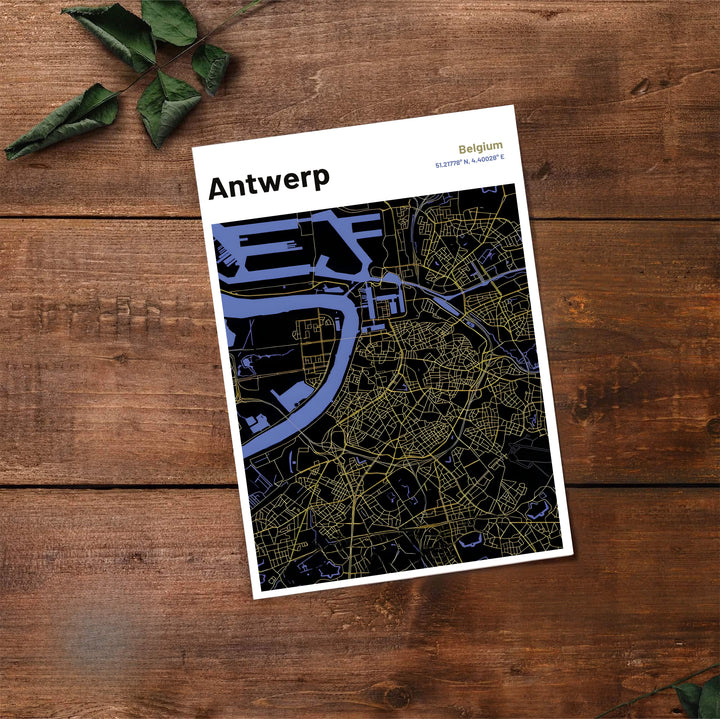 Sleek dark-mode map wall art showcasing Antwerp, Belgium, rendered with golden road lines and lavender-blue water features for a modern interior look. Options for display include unframed fine art paper, custom framed posters, and ready-to-hang stretched canvas.
