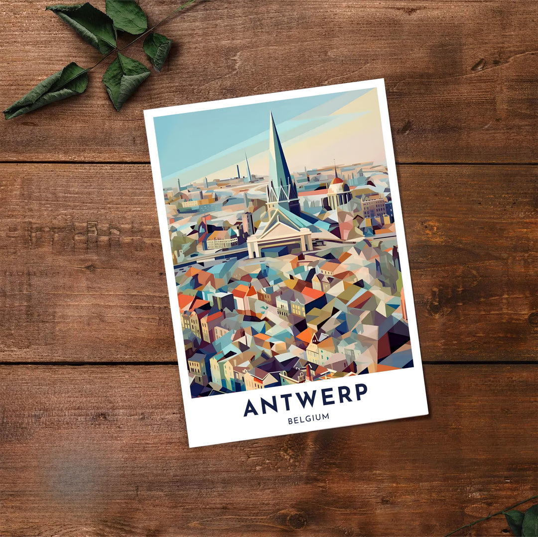 Sleek modern skyline wall art detailing the urban roofs and cathedral spire of Antwerp, Belgium, rendered in abstract geometric facets. Options for display include unframed fine art paper, custom framed posters, and ready-to-hang stretched canvas.