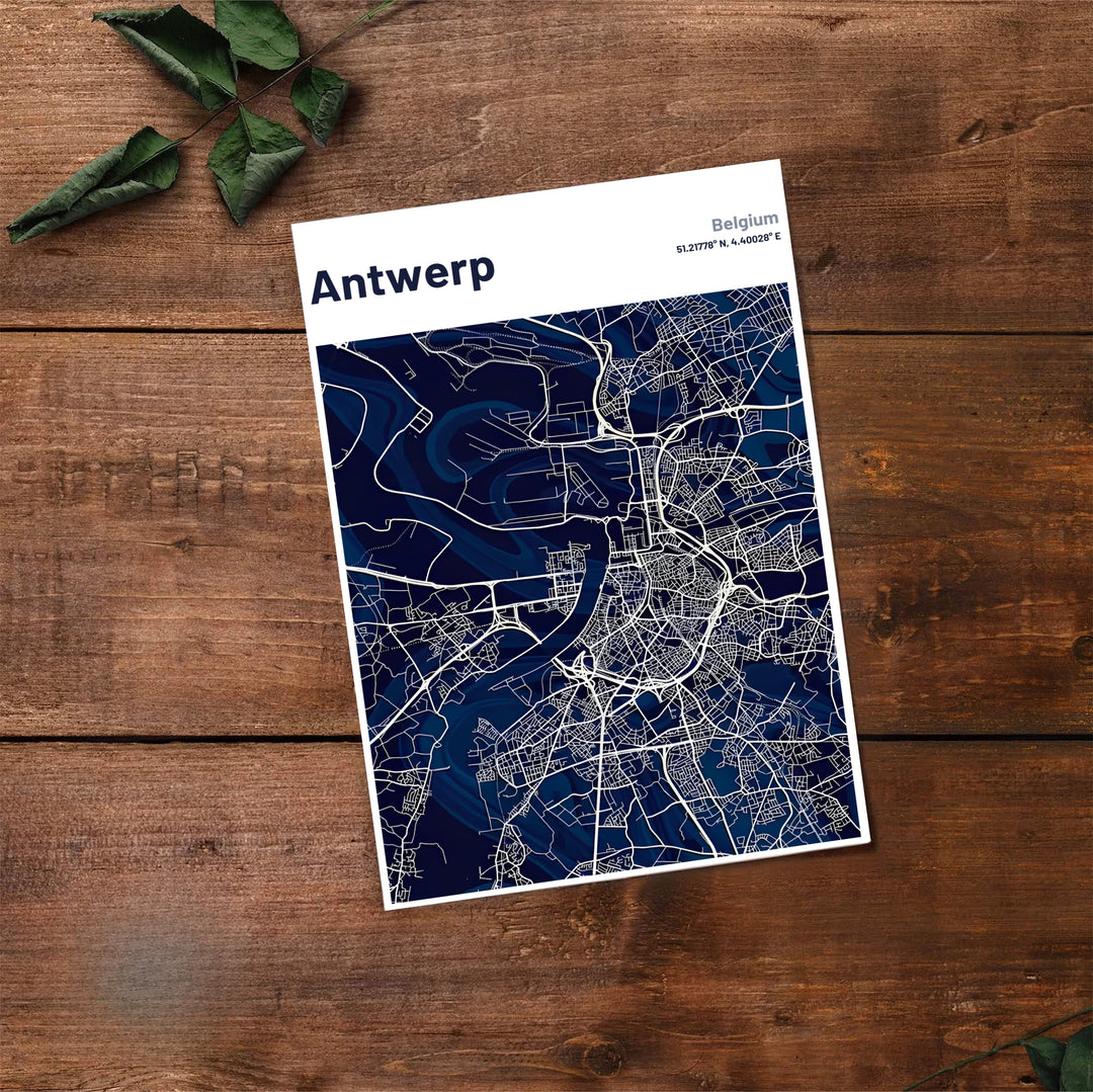 Sleek dark blue map wall art detailing Antwerp, Belgium, rendered with white street lines and modern header typography. Offered by MapYourDreams, this artwork is available in flexible options including unframed paper, custom wooden frames, and gallery canvas wraps.