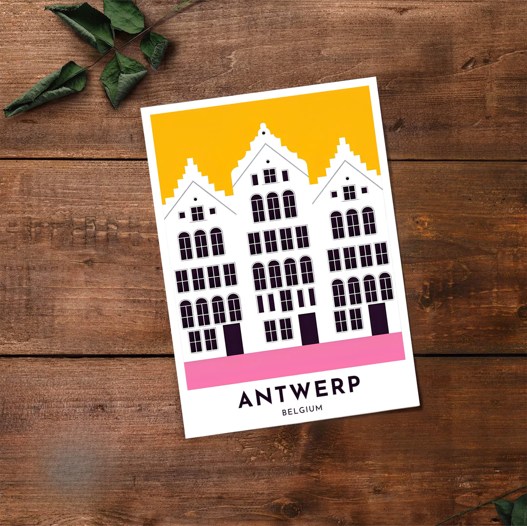 Sleek graphic wall art detailing three stepped-gabled facades in Antwerp, Belgium, rendered with clean lines and bright contrasting background colors. Offered by MapYourDreams, this artwork is available in flexible options including unframed paper, custom wooden frames, and gallery canvas wraps.