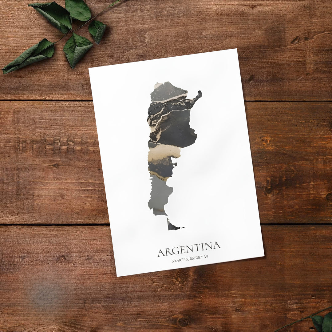 High-contrast Argentina map artwork featuring rich black ink swirls and golden veins for dramatic home wall display. Skillfully produced by MapYourDreams, this artwork is provided in multiple formats including unframed paper stock, custom frames, or stretched canvas wraps.