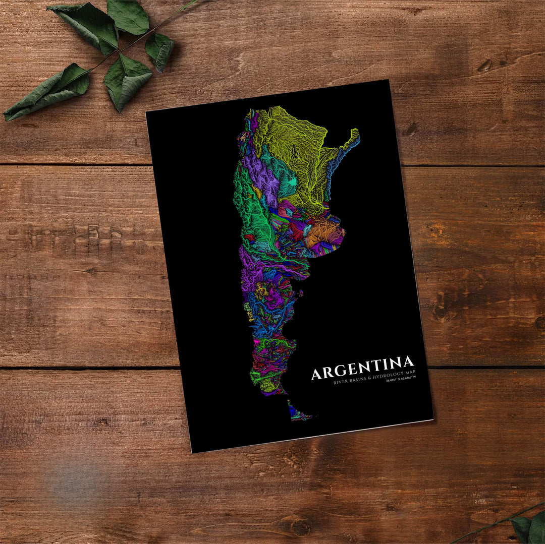 Rainbow hydrology map graphic of Argentina outlining stream networks and major river basins in electric tones. Made by MapYourDreams, this artistic composition can be purchased as an unframed print, elegantly mounted in wood frames, or produced on stretched canvas.