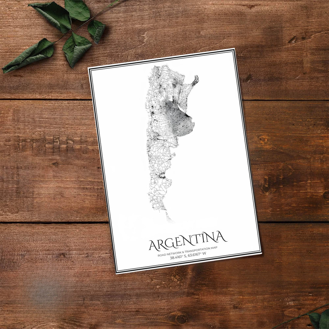 Elegant black and white Argentina travel map poster capturing the country&