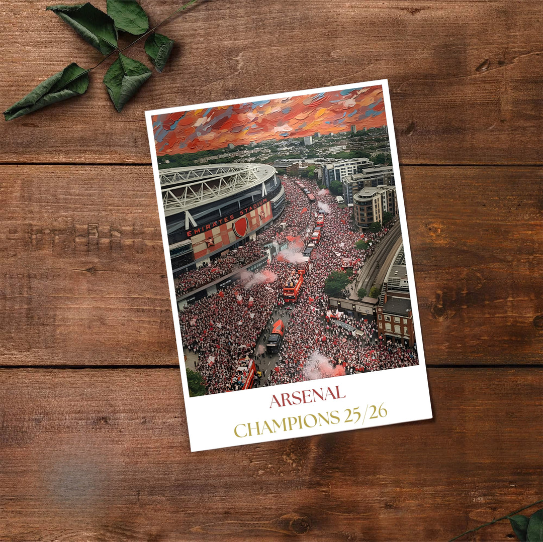 Detailed painterly visual of open top buses surrounded by cheering fans near Emirates Stadium in North London, available as unframed prints, framed wall art, or canvas prints for game room wall styling.