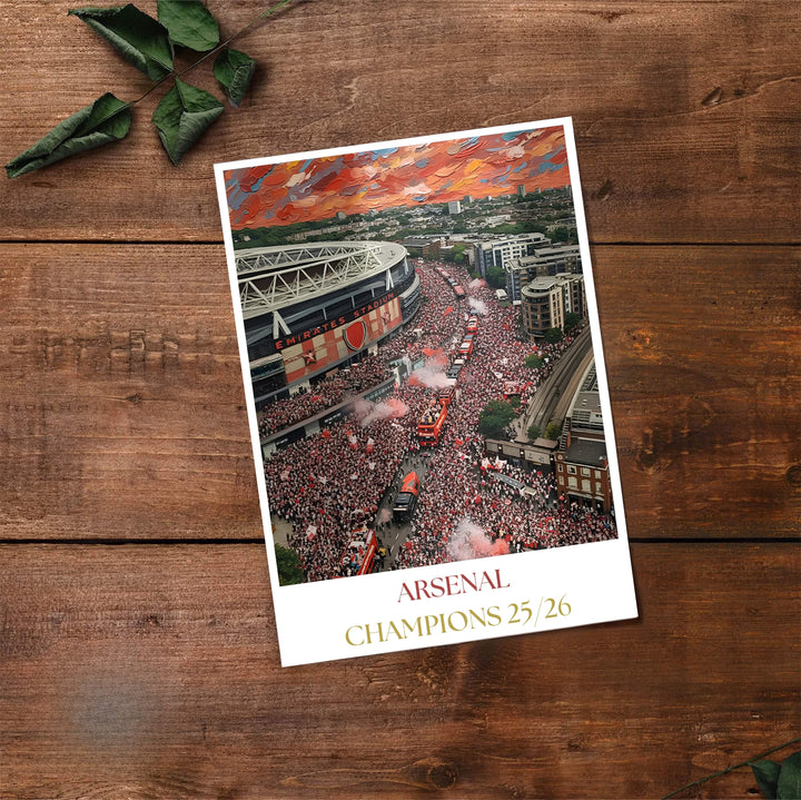 Detailed painterly visual of open top buses surrounded by cheering fans near Emirates Stadium in North London, available as unframed prints, framed wall art, or canvas prints for game room wall styling.