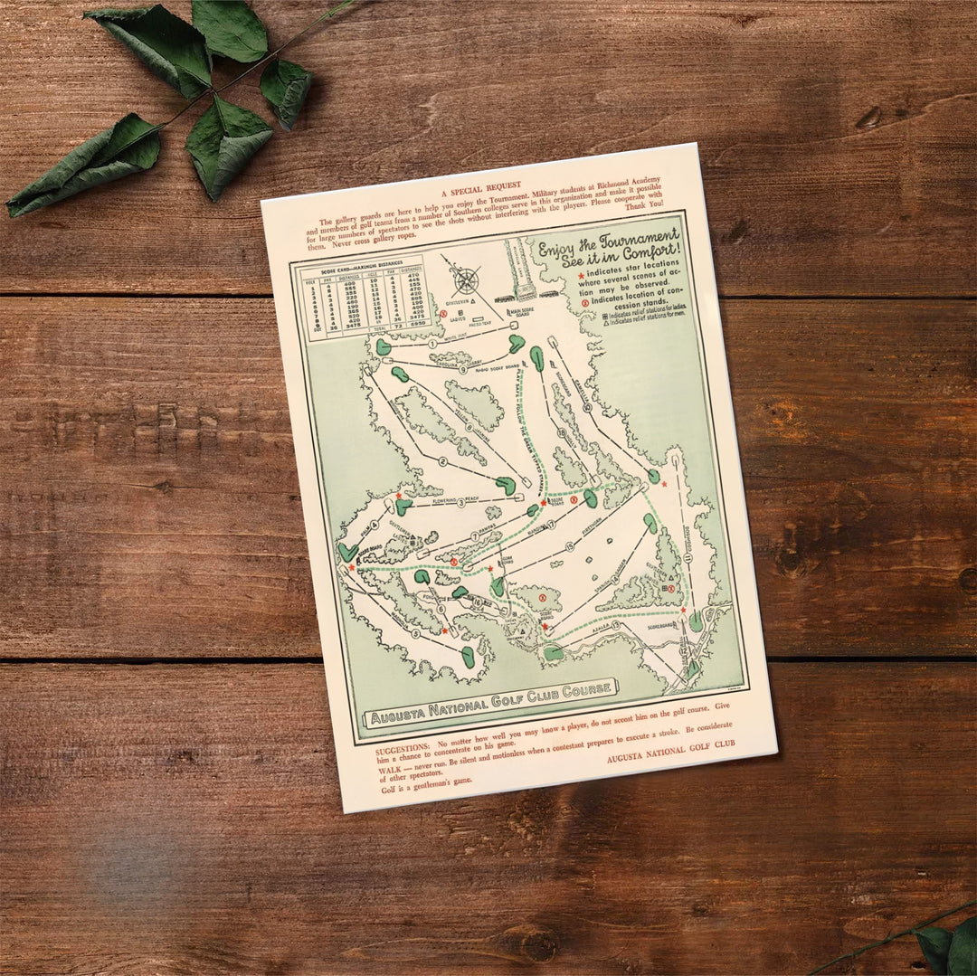 Vintage style Augusta Georgia golf course blueprint artwork displaying green fairways and hazard markings. Offered by MapYourDreams, this artwork is available in flexible options including unframed paper, custom wooden frames, and gallery canvas wraps for tailored home wall decor setups.