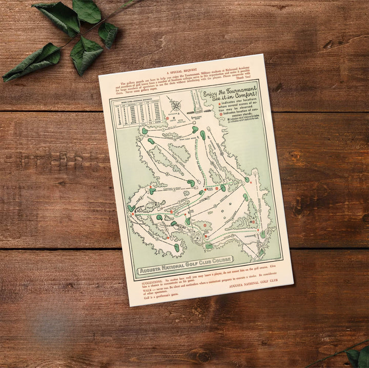 Vintage style Augusta Georgia golf course blueprint artwork displaying green fairways and hazard markings. Offered by MapYourDreams, this artwork is available in flexible options including unframed paper, custom wooden frames, and gallery canvas wraps for tailored home wall decor setups.