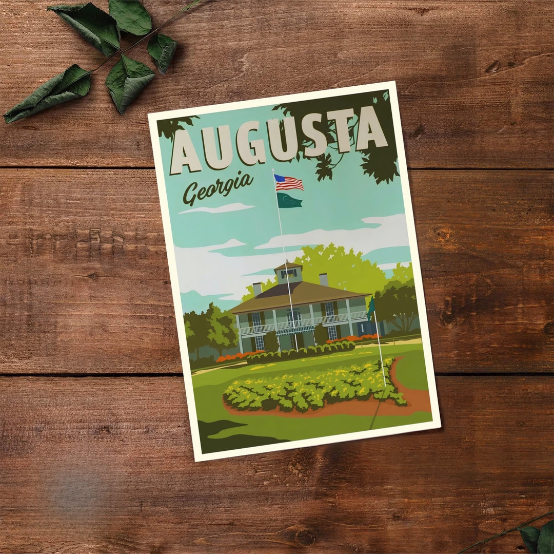 Beautiful Augusta Georgia golf clubhouse poster illustrating the landmark estate grounds and terracotta walkway. Offered by MapYourDreams, this artwork is available in flexible options including unframed paper, custom wooden frames, and gallery canvas wraps for tailored home wall decor setups.