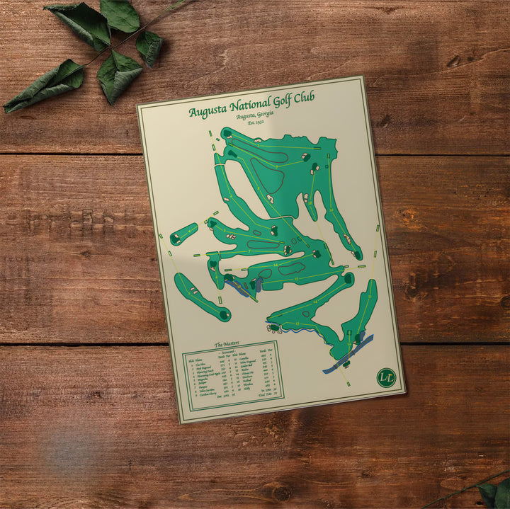Minimalist Augusta Georgia sports map poster highlighting the famous course architecture and scorecard chart. Offered by MapYourDreams, this artwork is available in flexible options including unframed paper, custom wooden frames, and gallery canvas wraps for tailored home wall decor setups.