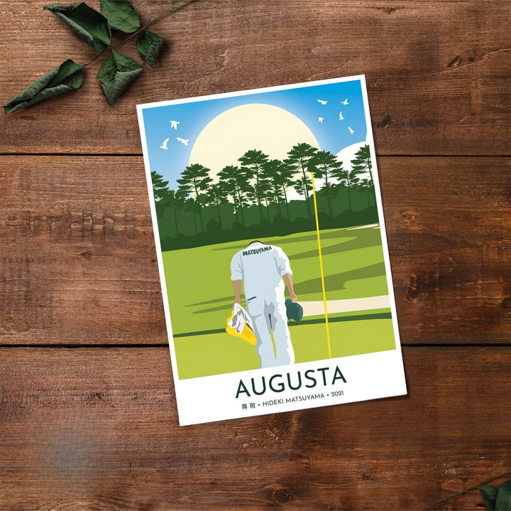 Augusta National Golf Course travel poster depicting serene green fairways, a yellow pin flag, and a caddie bowing under a glowing sun. Offered by MapYourDreams, this artwork is available in flexible options including unframed paper, custom wooden frames, and gallery canvas wraps for tailored home wall decor setups.