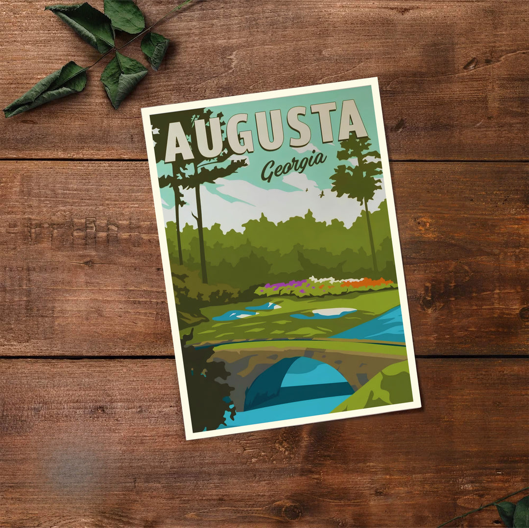 Augusta National Golf Course travel poster depicting serene green turf, pristine white sand bunkers, and the stone Hogan Bridge. Offered by MapYourDreams, this artwork is available in flexible options including unframed paper, custom wooden frames, and gallery canvas wraps for tailored home wall decor setups.