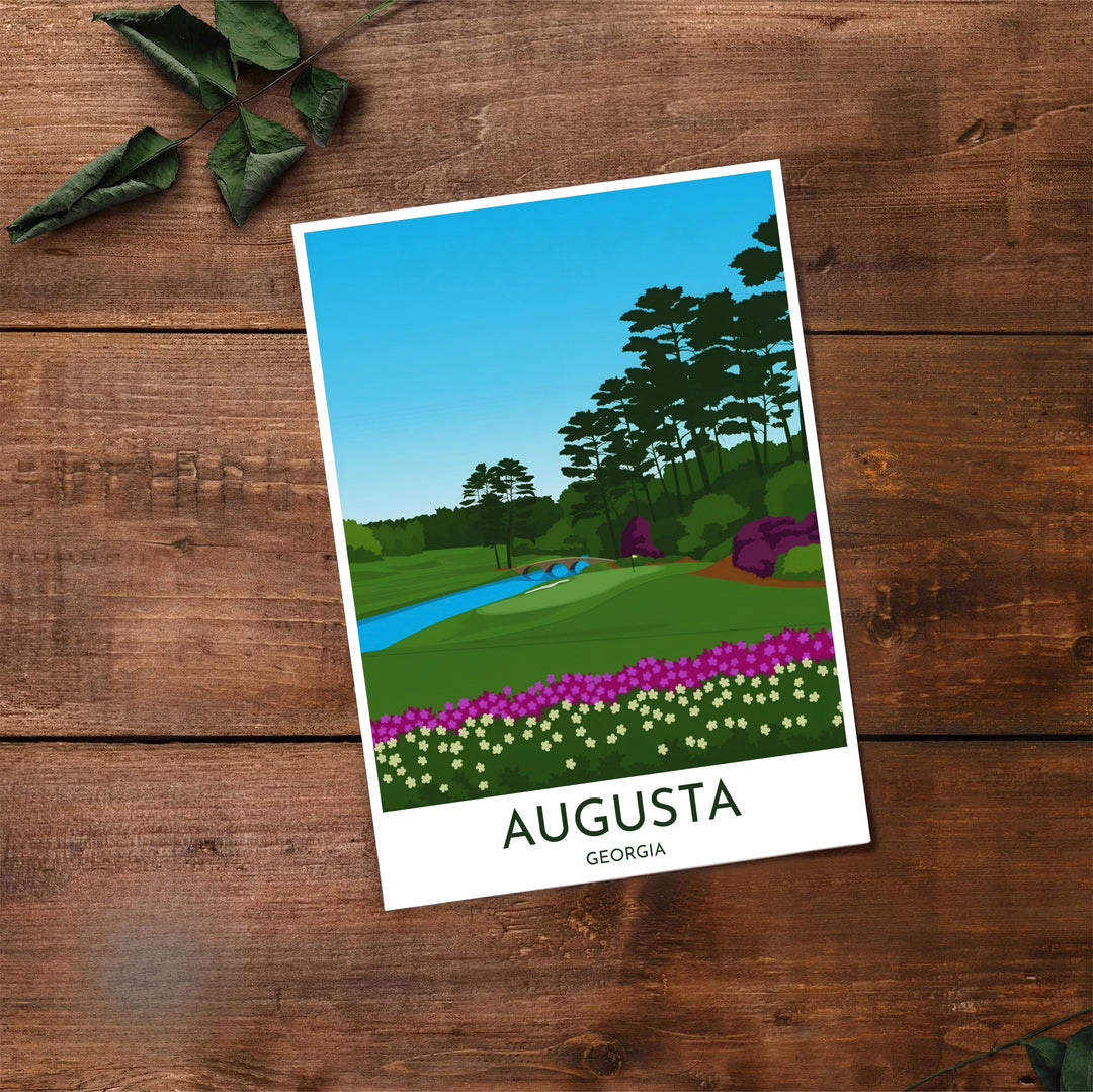 Modern graphic golf print featuring text reading AUGUSTA GEORGIA in sleek sans-serif typography below a colorful vector view of Golden Bell Hole 12. Offered by MapYourDreams, this artwork is available in flexible options including unframed paper, custom wooden frames, and gallery canvas wraps for tailored home wall decor setups.
