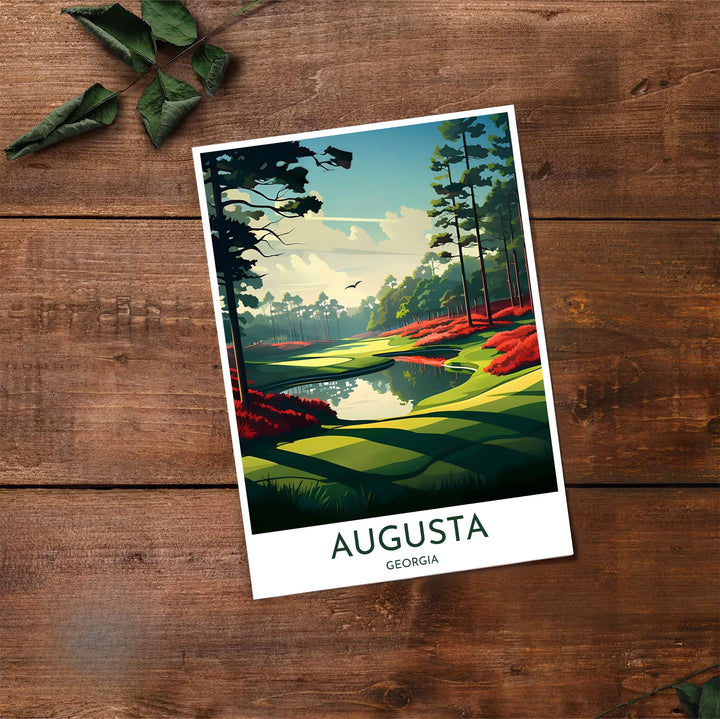 Augusta National Golf Course travel poster depicting serene fairway turf, quiet water hazard reflections, and dense pine forest borders. Offered by MapYourDreams, this artwork is available in flexible options including unframed paper, custom wooden frames, and gallery canvas wraps for tailored home wall decor setups.
