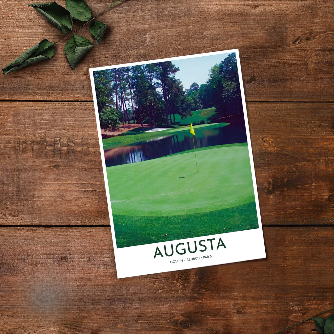 Augusta National Golf Course landscape travel poster depicting immaculate putting turf, yellow pin flag, and pristine forest reflections. Offered by MapYourDreams, this artwork is available in flexible options including unframed paper, custom wooden frames, and gallery canvas wraps for tailored home wall decor setups.