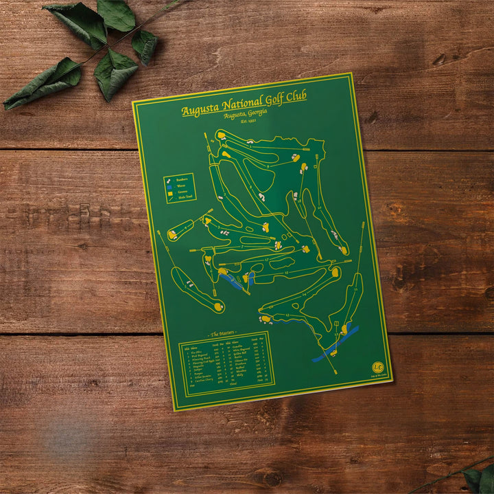Augusta National Golf Club course blueprint travel poster depicting smooth green background tones, golden line art, and blue water hazards. Offered by MapYourDreams, this artwork is available in flexible options including unframed paper, custom wooden frames, and gallery canvas wraps for tailored home wall decor setups.