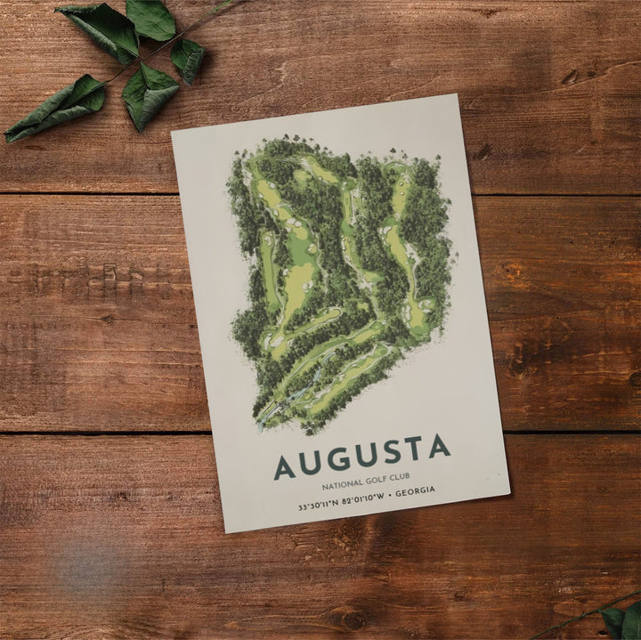 Augusta National Golf Club aerial view poster depicting textured forest canopies, pale green fairways, and water hazards on a warm cream paper background. Offered by MapYourDreams, this artwork is available in flexible options including unframed paper, custom wooden frames, and gallery canvas wraps for tailored home wall decor setups.