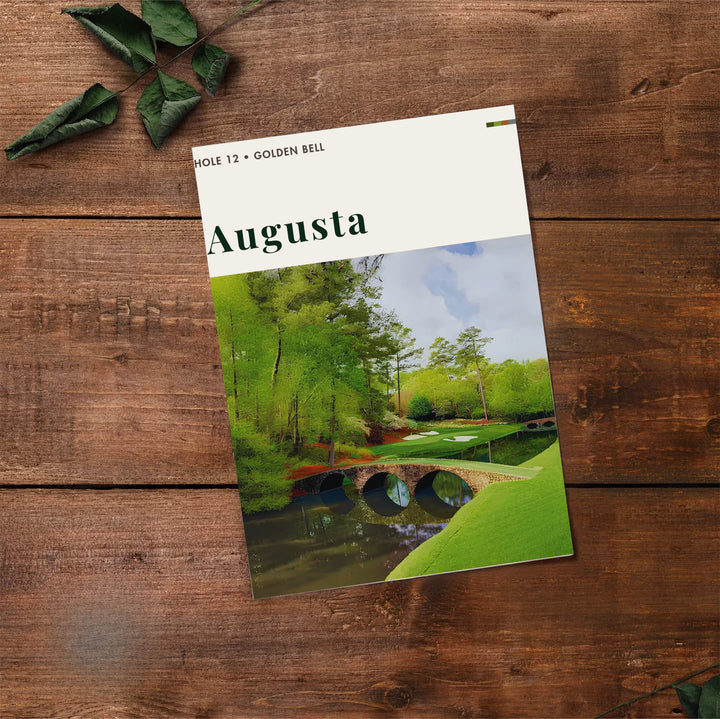 Augusta National Golf Course landscape travel poster depicting the iconic stone arch Hogan Bridge and immaculate green turf along Rae&