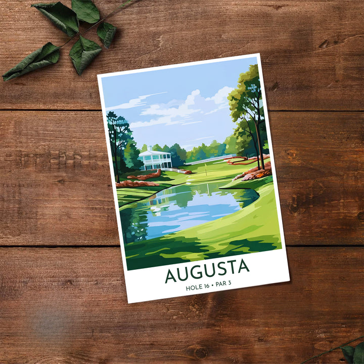 Augusta National Golf Course landscape art print showing clear sky light and forest reflections across the Hole 16 pond in Augusta Georgia. Offered by MapYourDreams, this artwork is available in flexible options including unframed paper, custom wooden frames, and gallery canvas wraps for tailored home wall decor setups.