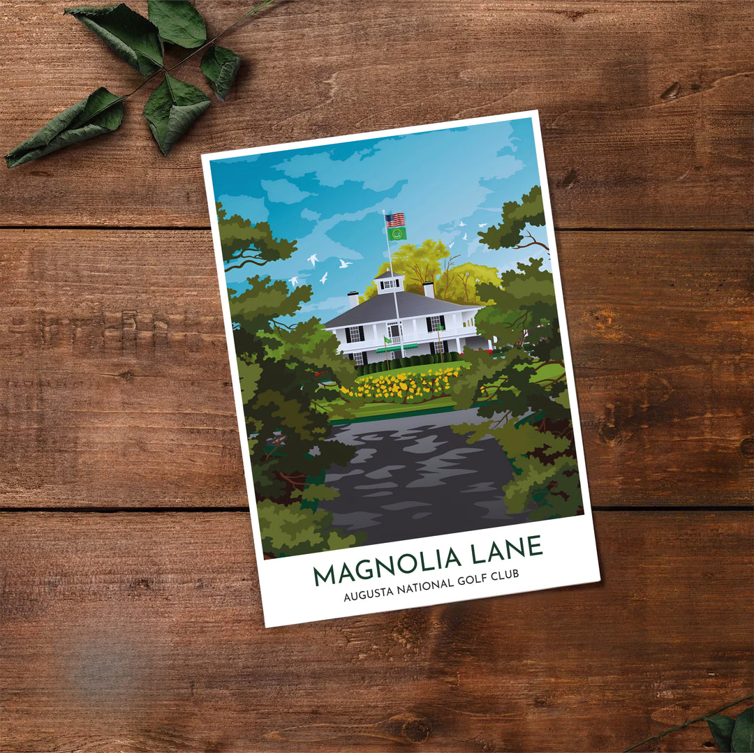 Augusta National Golf Club landscape art print showing clear sky light, soaring birds, and tree-lined avenue leading to the historic clubhouse in Augusta Georgia. Offered by MapYourDreams, this artwork is available in flexible options including unframed paper, custom wooden frames, and gallery canvas wraps for tailored home wall decor setups.