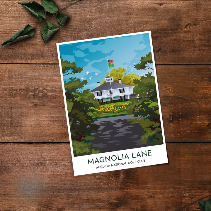 Augusta National Golf Club landscape art print showing clear sky light, soaring birds, and tree-lined avenue leading to the historic clubhouse in Augusta Georgia. Offered by MapYourDreams, this artwork is available in flexible options including unframed paper, custom wooden frames, and gallery canvas wraps for tailored home wall decor setups.