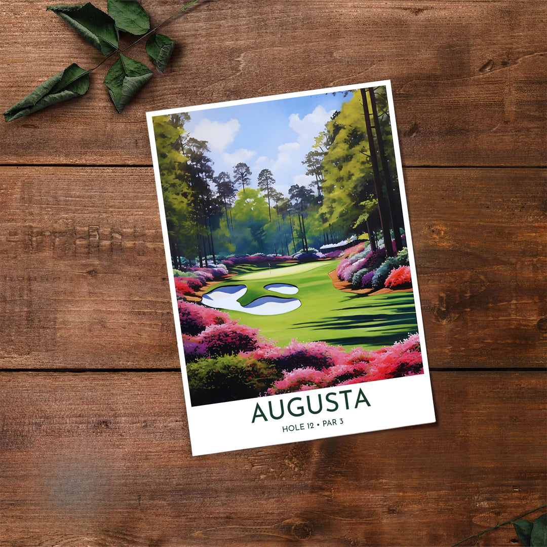 Augusta National Golf Club landscape art print showing clear sky light and forest shadows across the Hole 12 green in Augusta Georgia. Offered by MapYourDreams, this artwork is available in flexible options including unframed paper, custom wooden frames, and gallery canvas wraps for tailored home wall decor setups.
