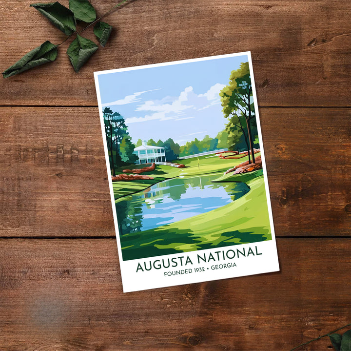 Graphic vector landscape artwork of Augusta National featuring layered shadows across the fairway, calm water, and classic southern architecture. Offered by MapYourDreams, this artwork is available in flexible options including unframed paper, custom wooden frames, and gallery canvas wraps.