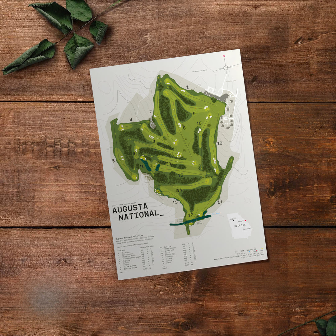 Graphic vector landscape map of Augusta National Golf Club featuring dark green foliage patches, light green fairways, and white sand bunker highlights. Offered by MapYourDreams, this artwork is available in flexible options including unframed paper, custom wooden frames, and gallery canvas wraps.
