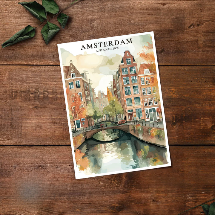 Warm terracotta fall print of historic Dutch buildings and autumn trees overlooking an Amsterdam canal, available at MapYourDreams where you can select from unframed paper prints, gallery canvas, or custom framed wall decor options for modern home styling.