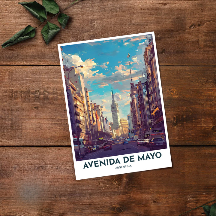 Retro travel poster display featuring Avenida de Mayo in central Buenos Aires with atmospheric city perspective and clear skies. Brought to you by MapYourDreams, this artwork is customizable as unframed archival paper, finished wooden frames, or wrapped canvas.