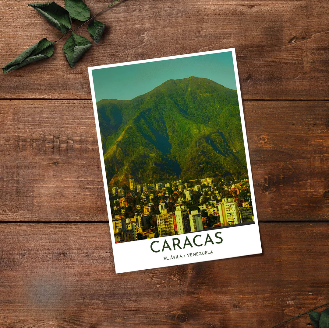 Artistic cityscape illustration capturing the golden yellow, olive green, and soft turquoise tones of Caracas, Venezuela. Made by MapYourDreams, this artistic composition can be purchased as an unframed print, elegantly mounted in wood frames, or produced on stretched canvas.
