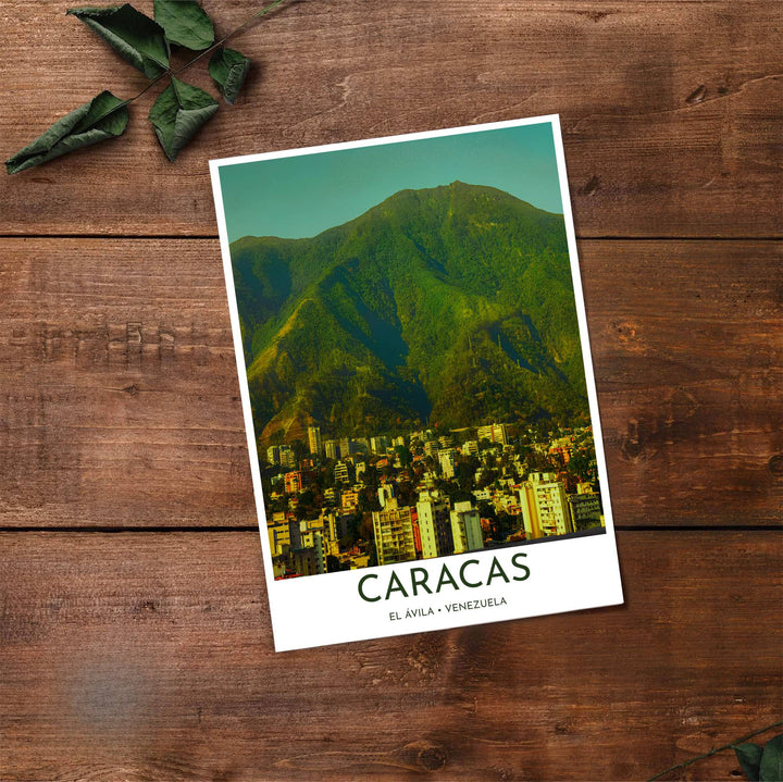 Artistic cityscape illustration capturing the golden yellow, olive green, and soft turquoise tones of Caracas, Venezuela. Made by MapYourDreams, this artistic composition can be purchased as an unframed print, elegantly mounted in wood frames, or produced on stretched canvas.
