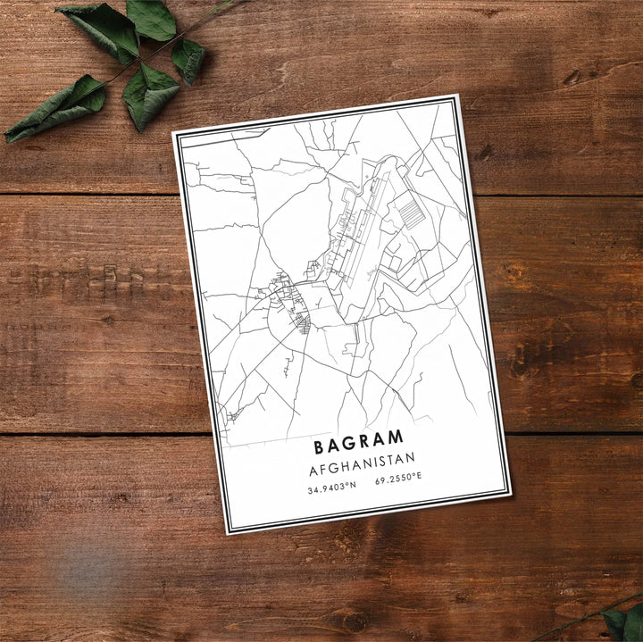 Fine line art cartography poster of Bagram Afghanistan displaying the airfield runway system and surrounding roads, available at MapYourDreams as an unframed print, gallery canvas, or custom framed wall decor in natural wood, white, and silver finishes for living room gallery walls.