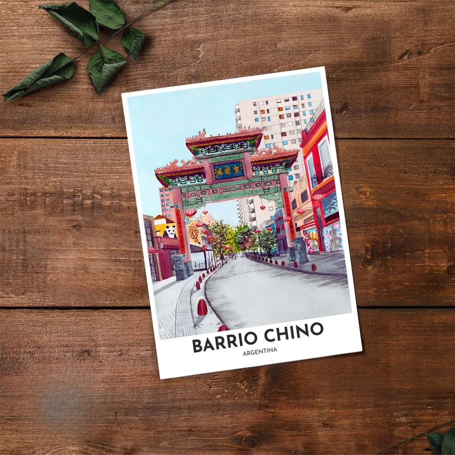 Scenic Buenos Aires neighborhood watercolor art print showcasing the ornate archway of Barrio Chino in warm, welcoming tones. Handpicked for the MapYourDreams catalog, this artwork is available in flexible styles including unframed paper prints, wooden frames, or gallery canvas.