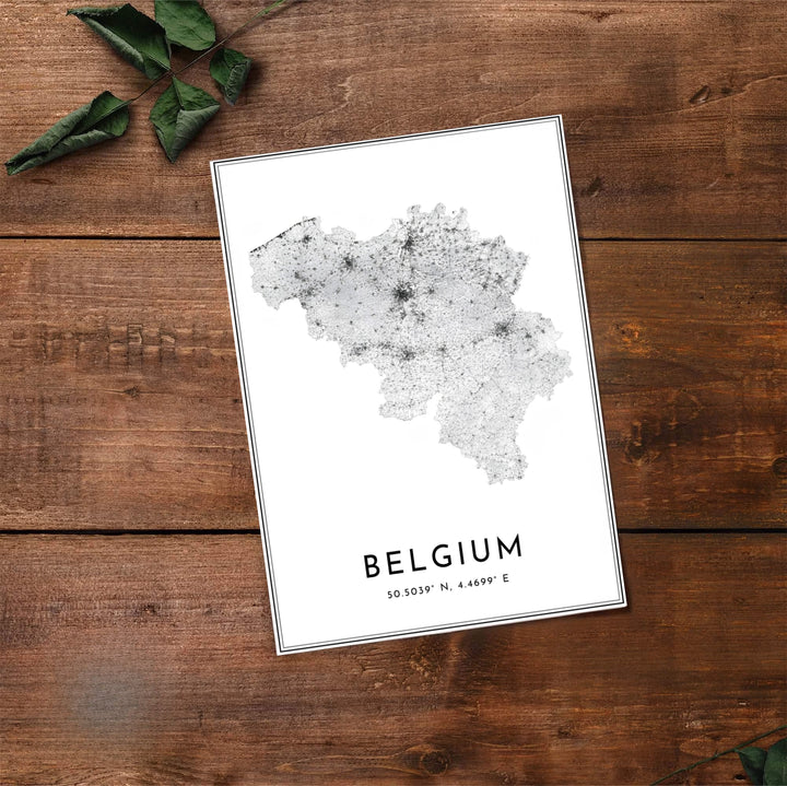 Sleek black and white map wall art detailing the roads and highways across Belgium with clean lines and classic typography. Offered by MapYourDreams, this artwork is available in flexible options including unframed paper, custom wooden frames, and gallery canvas wraps.