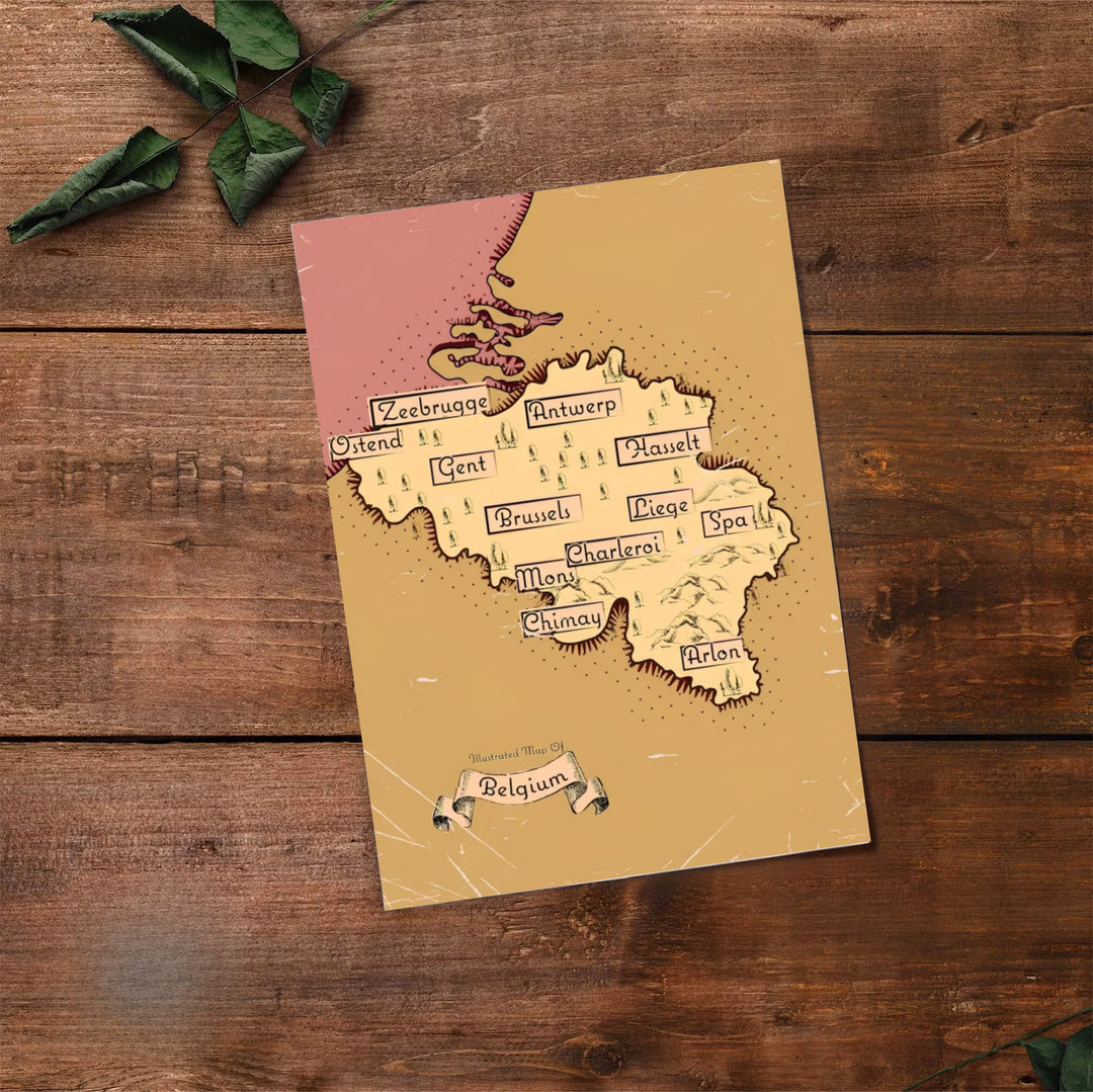 Classic sepia map wall art detailing the cities and landscape features across Belgium with warm parchment textures and delicate linework. Offered by MapYourDreams, this artwork is available in flexible options including unframed paper, custom wooden frames, and gallery canvas wraps.