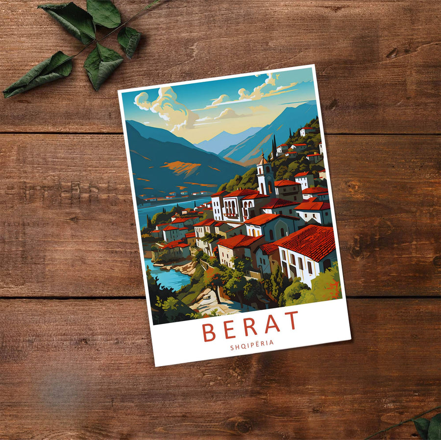 Detailed travel art print of Berat Albania showing terracotta rooftops and blue mountain ridges, rendered on clean archival paper for European travel lovers. Offered by MapYourDreams, this artwork is available in flexible options including unframed paper, custom wooden frames, and gallery canvas wraps.