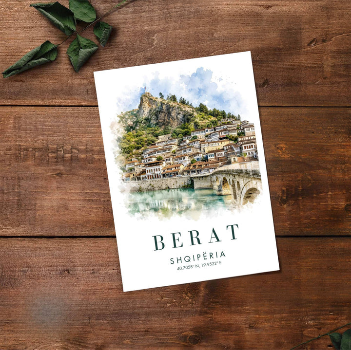 Detailed watercolor art print of Berat Castle Albania showing stacked hillside houses and river reflections, rendered on clean archival paper stock. Offered by MapYourDreams, this artwork is available in flexible options including unframed paper, custom wooden frames, and gallery canvas wraps.