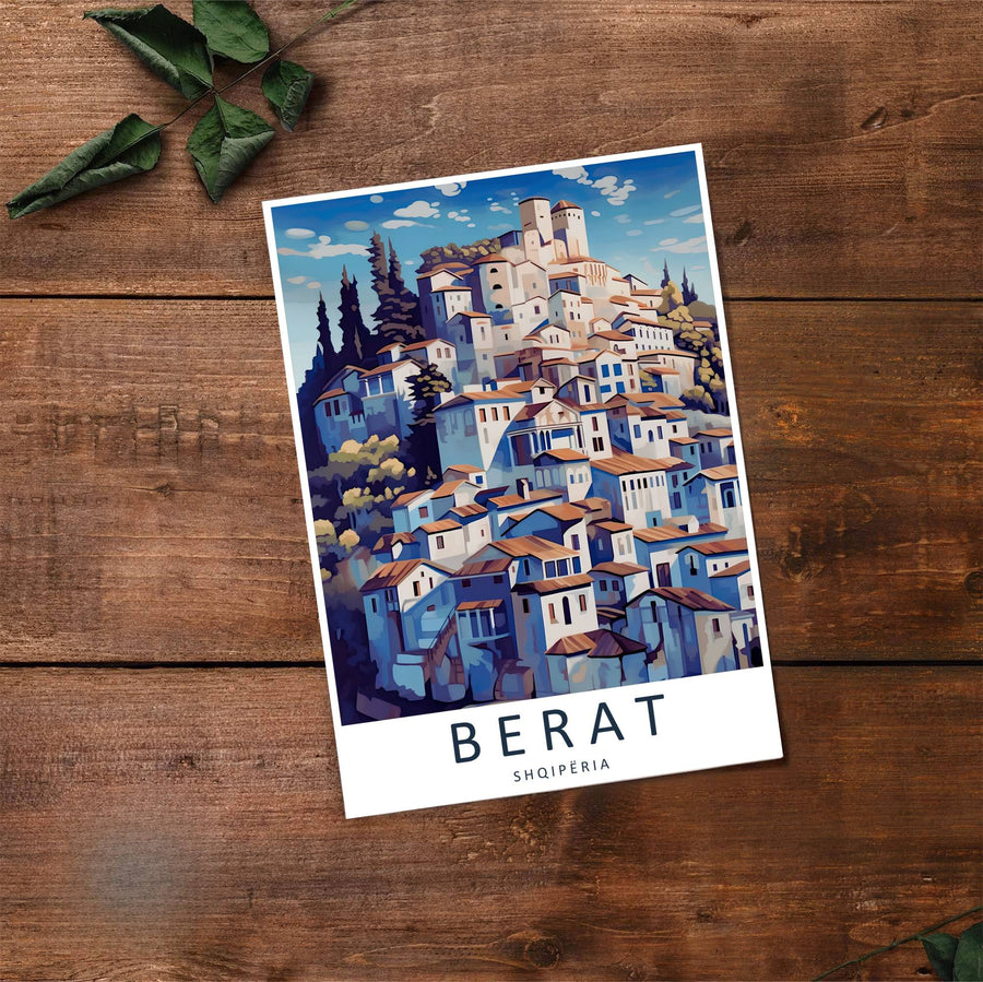 Fine art travel poster displaying the historic fortress city of Berat with blue skies, pine-covered slopes, and traditional white stone buildings below. Offered by MapYourDreams, this artwork is available in flexible options including unframed paper, custom wooden frames, and gallery canvas wraps.