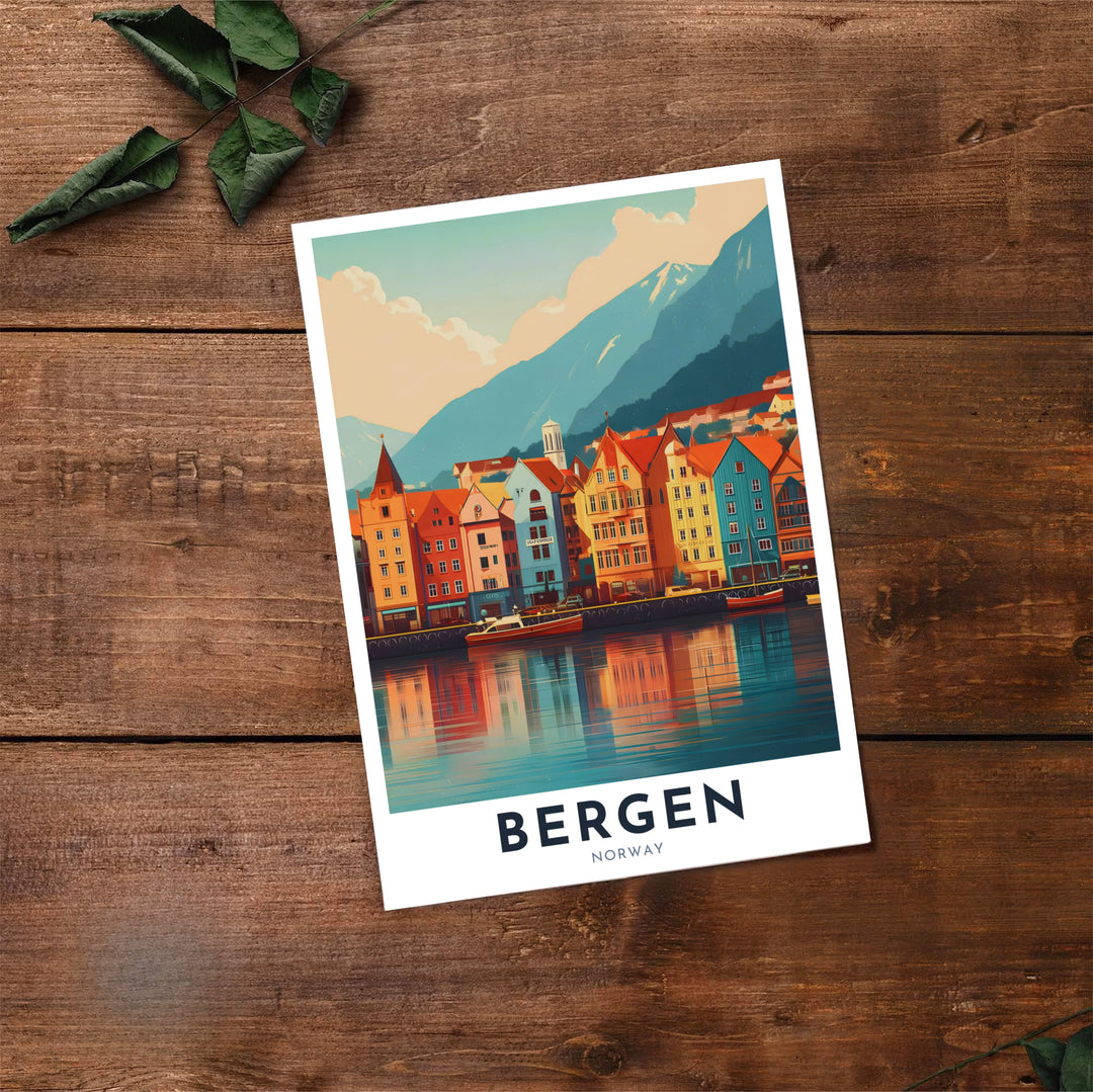 Charming graphic design print of Bryggen in Bergen Norway showcasing colorful historic timber houses under mountain shadows. A must have piece for world travelers, this fine art poster arrives in flexible formats including sleek framed styles, archival unframed prints, and stretched canvas options.
